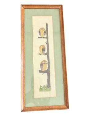 VTG Needlepoint 3 Owls MCM Picture Framed Behind Glass Grandmacore